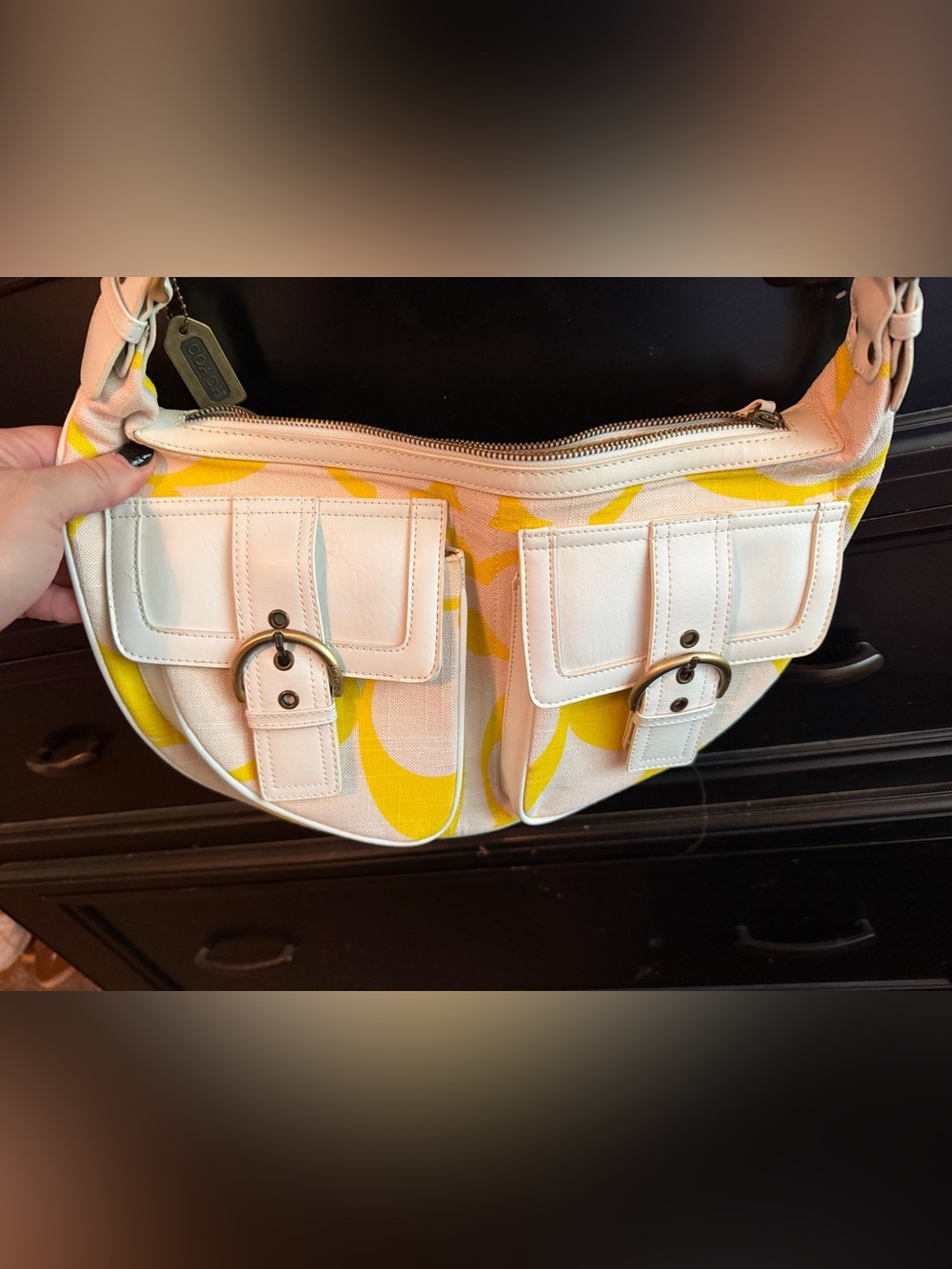 Women’s White and Yellow Canvas Pocket Crossbody Bag